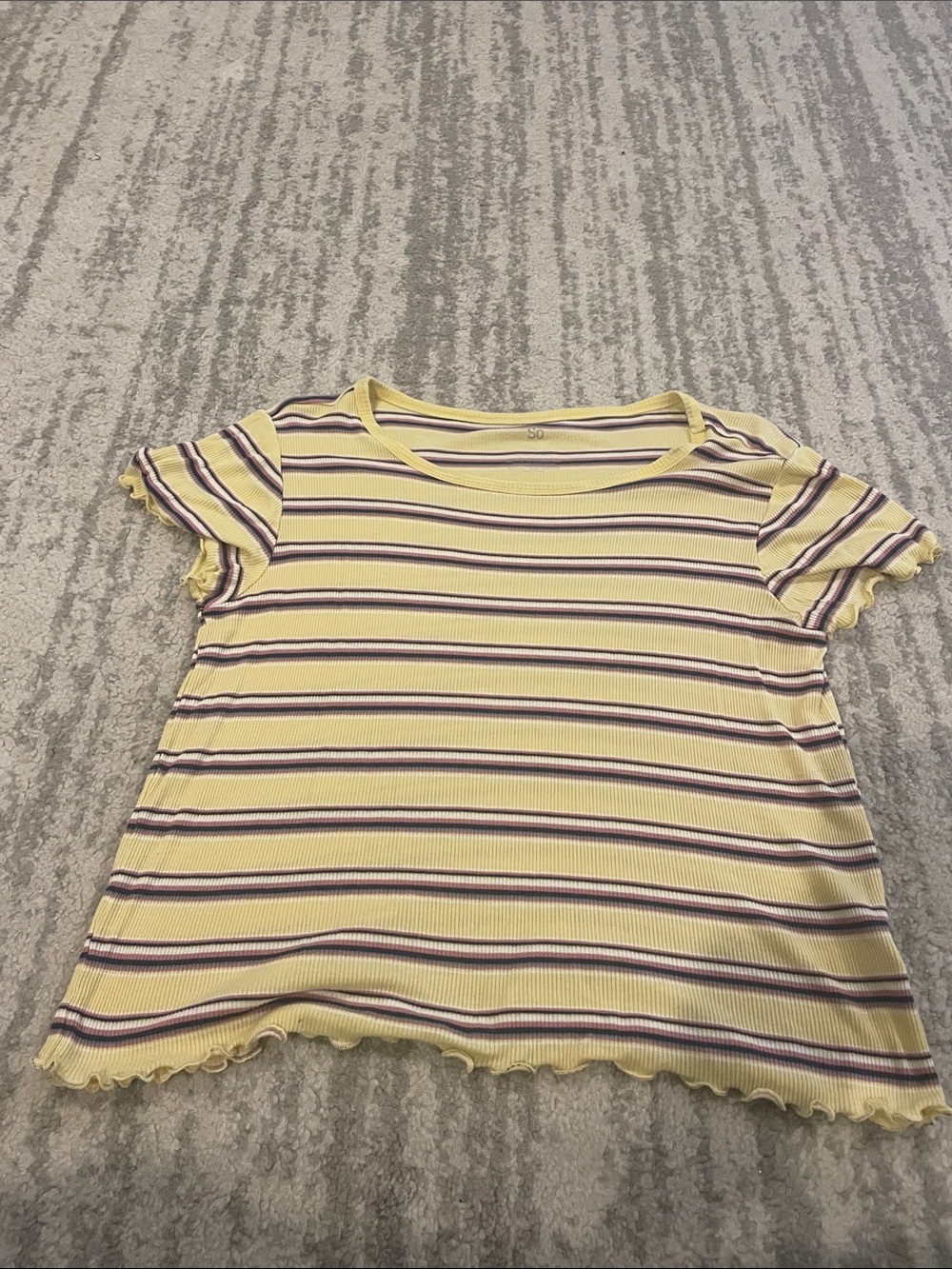 SO Yellow Striped Ruffle-Edge Womens Tee with Blue & White Accents